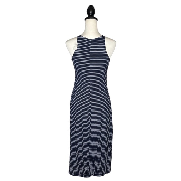 NWT Gap Navy Striped Ruched Sleeveless Midi Dress Size S Lightweight Stretch - Picture 5 of 11